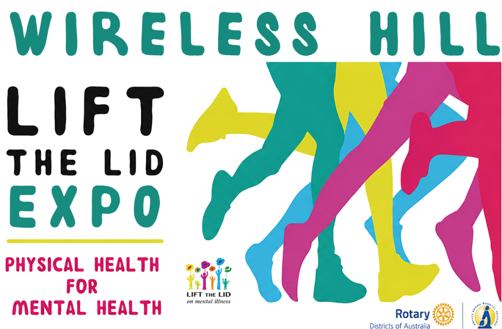 Lift the Lid Mental Health Expo graphic featuring colourful walking figures and the message “Physical Health for Mental Health”, for the event at Wireless Hill.