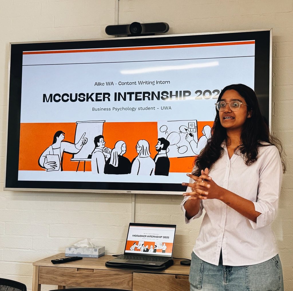 UWA student intern Ananya presenting on her McCusker Centre internship with Alike WA.