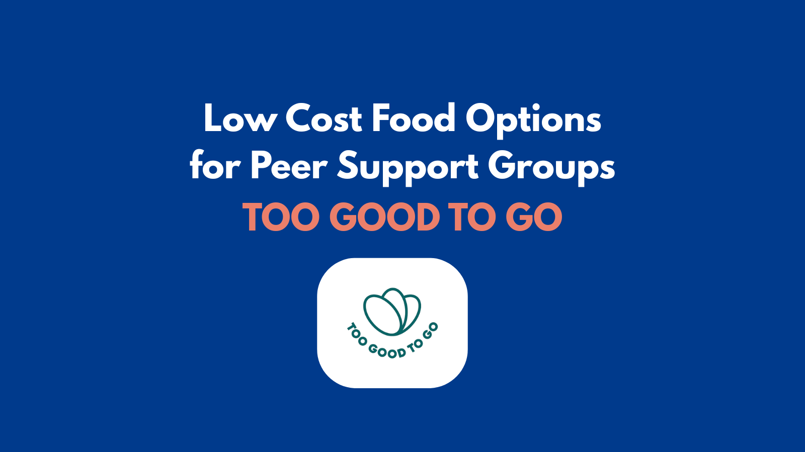 Blue Alike WA graphic reading “Low Cost Food Options for Peer Support Groups: Too Good To Go”, with the Too Good To Go logo below.