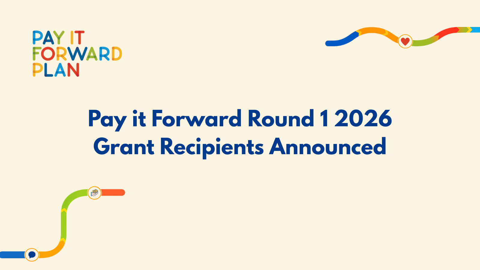 Pay it Forward Round 1 2026 grant recipients announced graphic, featuring the Pay it Forward Plan logo and colourful connection illustrations.