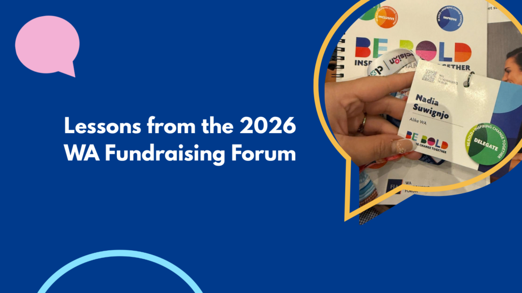 Blue Alike WA graphic titled “Lessons from the 2026 WA Fundraising Forum”, with a photo of event materials and an attendee name badge from the forum.